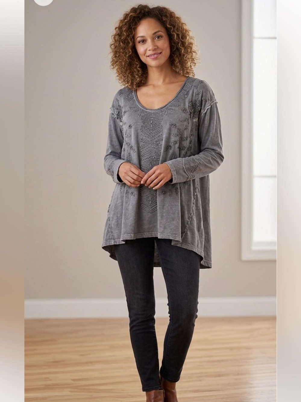 Caite Embroidered Bohemian Tunic Top Grey Women's Plus Size 1X
